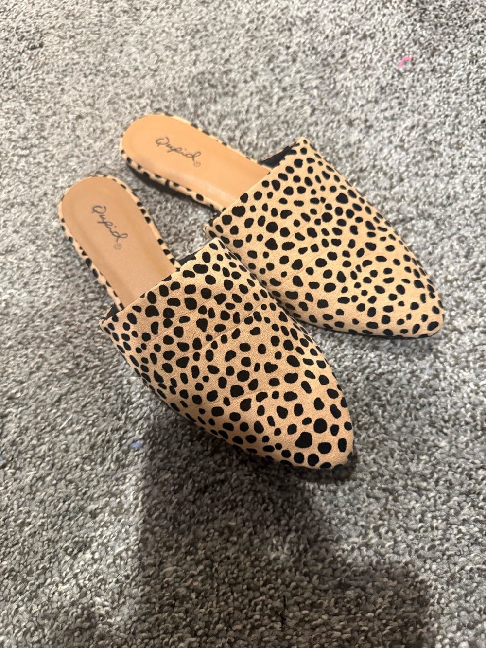 Qupid Tan with Black Spotted Pointed Toe Slip-On Mules